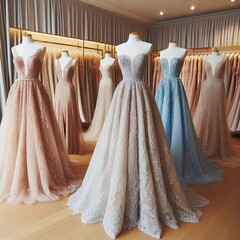 Sophisticated, formal dresses with extended lengths available for purchase at a high-end, contemporary boutique. Offering a range of prom, wedding, evening, and bridesmaid dresses, showcasing intricat