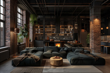 Dark living room loft with fireplace industrial style 3d render