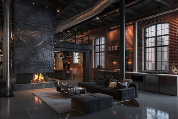 Dark living room loft with fireplace industrial style 3d render