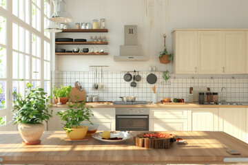 Home mock up cozy modern kitchen interior background 3d render