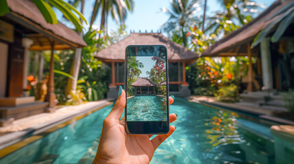 Hand Holding Smartphone Capturing Beautiful Tropical Villa with Pool - Vacation Photography, Modern Travel Experience, Social Media Influence, Exotic Destination, Digital Nomad Lifestyle