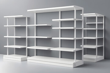 White empty supermarket shelf mockup with racks for product display. A realistic 3d vector illustration set of bookcases stands in different angles of view. Blank mock-up of store promotion equipment