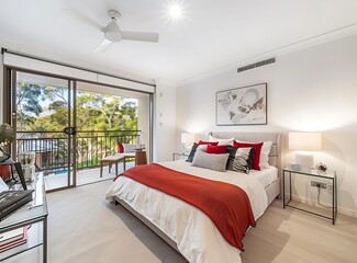 A wide angle photo of an Australian bedroom with white walls, carpet, and modern furniture