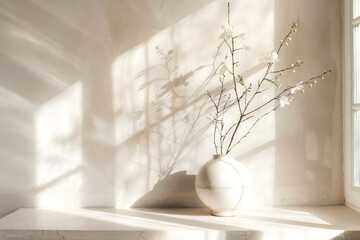 Delicate white flowers in a simple vase casting dramatic shadows on a minimalist wall