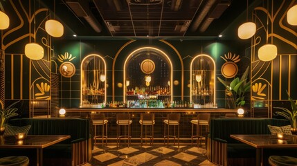 The interior of a bar featuring luxurious gold and green decor, with elegant furnishings and a sophisticated ambiance.