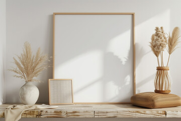 Mockup frame in minimalist nomadic interior background 3d render