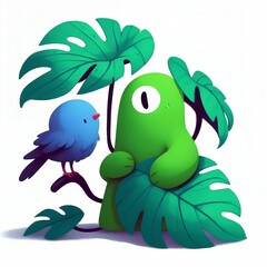 Naklejka premium Green monster and blue bird