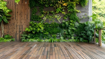 Old wall and green grass on wood floor background