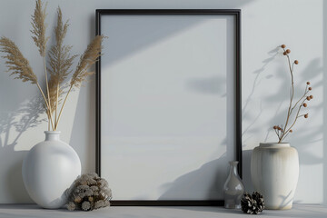 Mock up poster frame close up on shelf with decoration 3d render