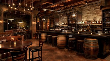 A bar setting filled with a variety of barrels and chairs, creating a cozy and rustic atmosphere for patrons to enjoy drinks and socialize.