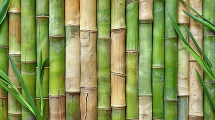   A zoom in on a bamboo panel adorned with lush vegetation growing from atop the stalks