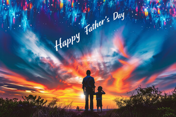 A Father's Day poster with a father and child silhouette watching a sunset from a hilltop, the sky ablaze with colors. "Happy Father's Day" message floating in the sky.