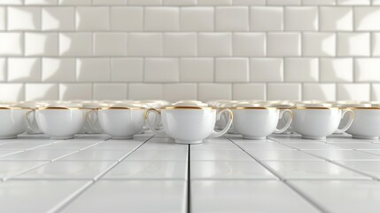   A row of white coffee cups sits on a white tile floor beside another row of white coffee cups