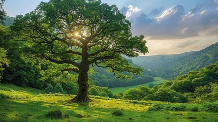   A majestic tree, tall and green, stands proudly in the center of a verdant field, bathed in golden sunlight filtering through its leafy limbs