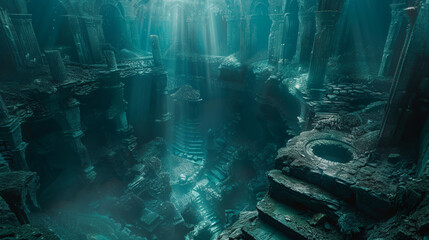 Mysterious ancient underwater city illuminated by beams of light, evoking a lost civilization and forgotten tales