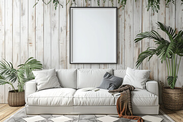 Mockup frame in farmhouse living room interior 3d render