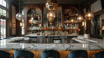 A stylish bar with marble countertops and blue velvet stools, featuring warm pendant lighting and well-stocked shelves on a sunny afternoon.