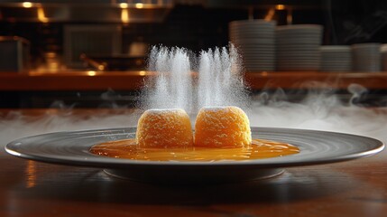   A plate of food on a table, with water droplets spilling from the center