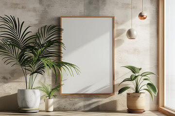 Mockup poster frame in minimalist modern interior background 3d render