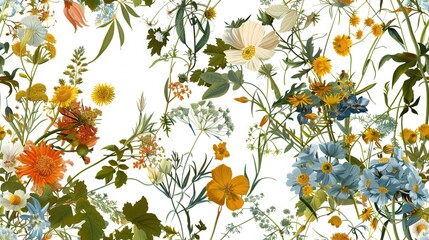  A white background with blue, yellow, orange, and white flowers