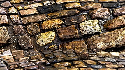   Close-up of a brick wall made from tiny pebbles and stones, covered in yellow moss