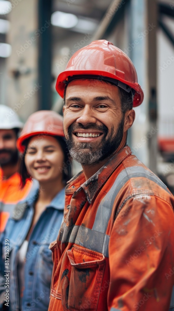 Poster man in uniform with red helmet smiling at factory event