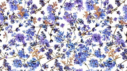  a field of purple and blue flowers against a white backdrop, featuring blue and pink blossoms in the foreground