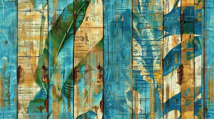   A painting featuring blue and yellow foliage on wooden panels with a lush, green centerpiece