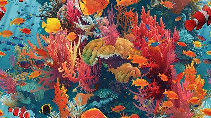   Underwater painting with corals, fish, and sponges on a blue canvas