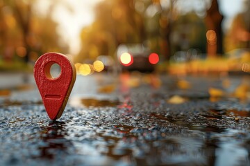 Red marker on the road with a blurry background
