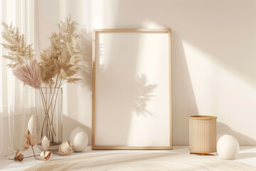 Mockup frame in interior background room in light pastel colors Scandi-Boho style 3d render