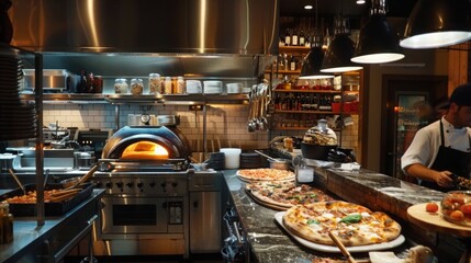 A chef prepares fresh pizzas at a bustling pizzeria kitchen, featuring a wood-fired oven and various ingredients on the counter during a busy evening service.