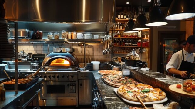 A chef prepares fresh pizzas at a bustling pizzeria kitchen, featuring a wood-fired oven and various ingredients on the counter during a busy evening service.