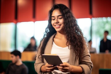 portrait of a young student woman holding a digital tablet at university auditorium