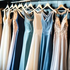 Sophisticated, formal dresses with extended lengths available for purchase at a high-end, contemporary boutique. Offering a range of prom, wedding, evening, and bridesmaid dresses, showcasing intricat