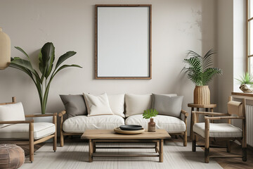 Frame mockup in Scandinavian living room interior 3d render