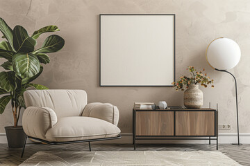 Frame mockup in interior background beige room with modern furniture 3d render