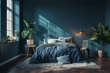 Home mockup cozy dark blue bedroom interior background 3d render