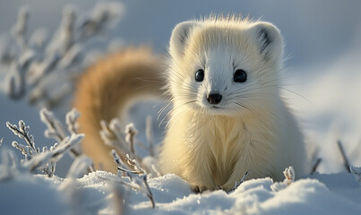Ultra-Realistic Winter Ermine with Playful Pose and White Fur
