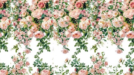   A wallpaper featuring pink roses and green foliage on a white background, with greenery below in the lower half