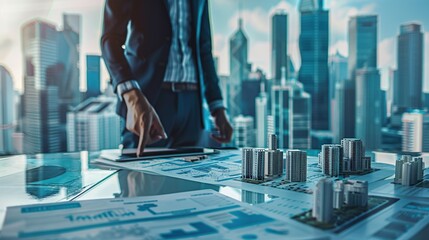 Modern architecture and smart real estate strategy construction blueprints on a sleek table.