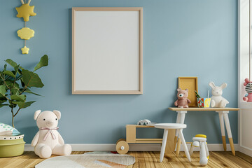 Mock up frame in children room with natural wooden furniture Farmhouse style interior background 3D render