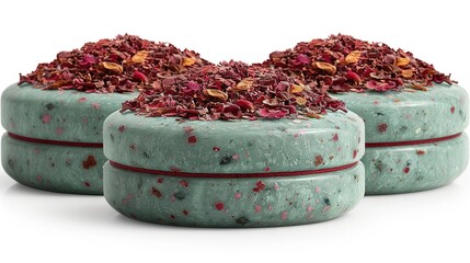   A white surface has two round containers filled with diverse foods on top, covered by red sprinkles