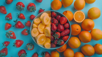   A bowl containing oranges and strawberries sits beside a strawberry bowl and an orange bowl
