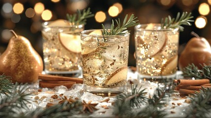  Two glasses filled with liquid sit atop a table, garnished with cinnamon sticks and a sprig of rosemary