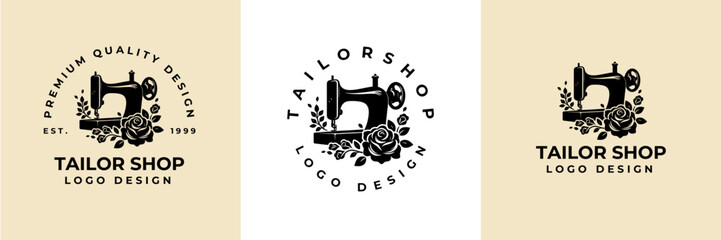 Sewing Machine and flower logo design illustration.Sewing logo atelier, Vintage Tailor's logo, Handmade workshop studio logo, Craft hobby logo. Fashion and clothing logo