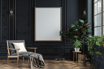 Modern dark home interior background frame mock up 3d render