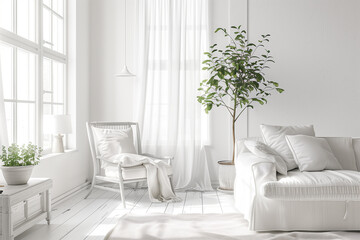 Cozy white living room interior home mockup 3d render