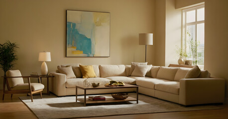 Spacious, modern living room interior featuring a large comfortable sofa, wooden furniture, and a tasteful abstract painting on the wall