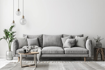 Home mockup Scandinavian living room interior with grey sofa table and decor 3d render